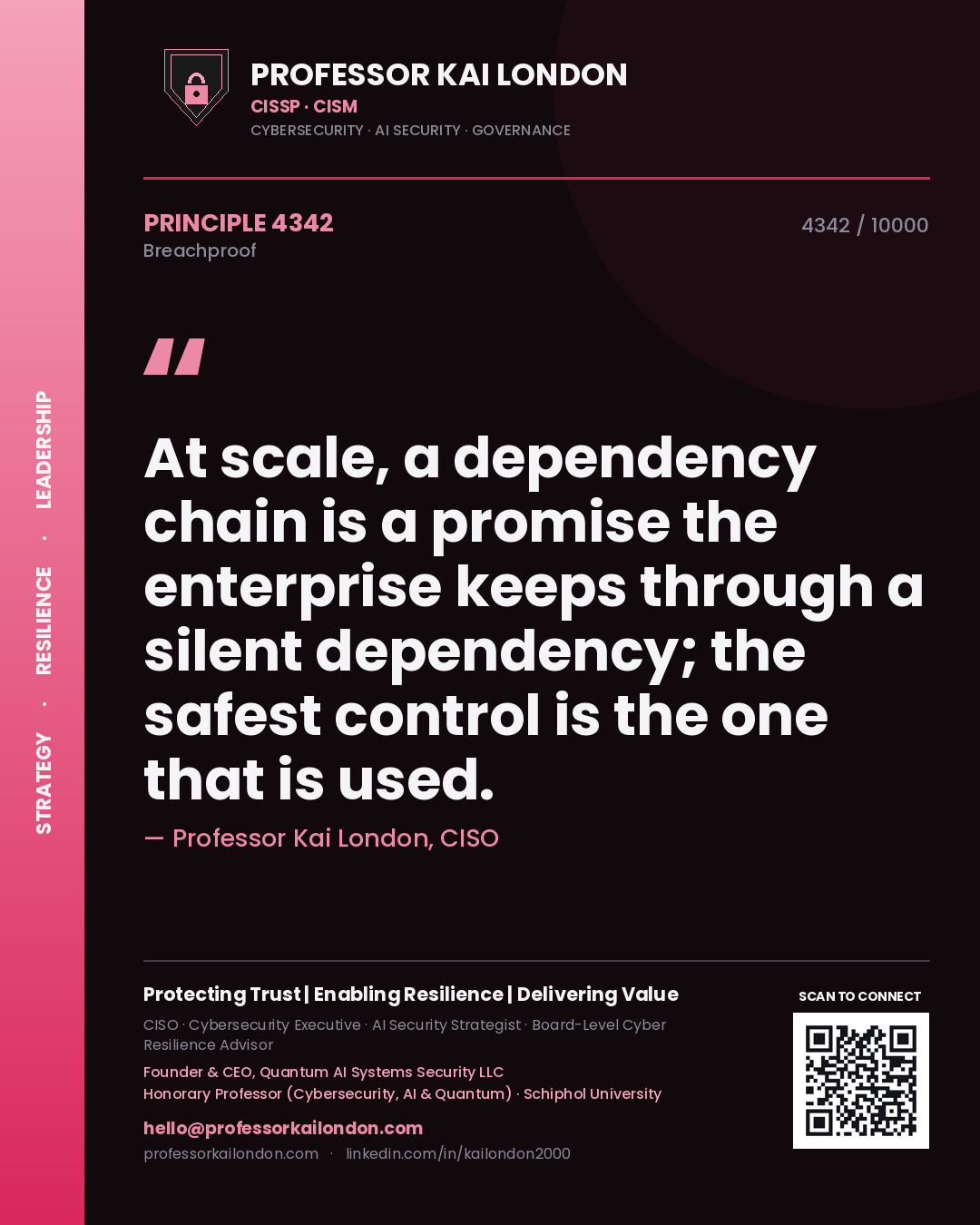 Professor Kai London principle 4342: At scale, a dependency chain is a promise the enterprise keeps through a silent dependency; the safest control is the one that is used.