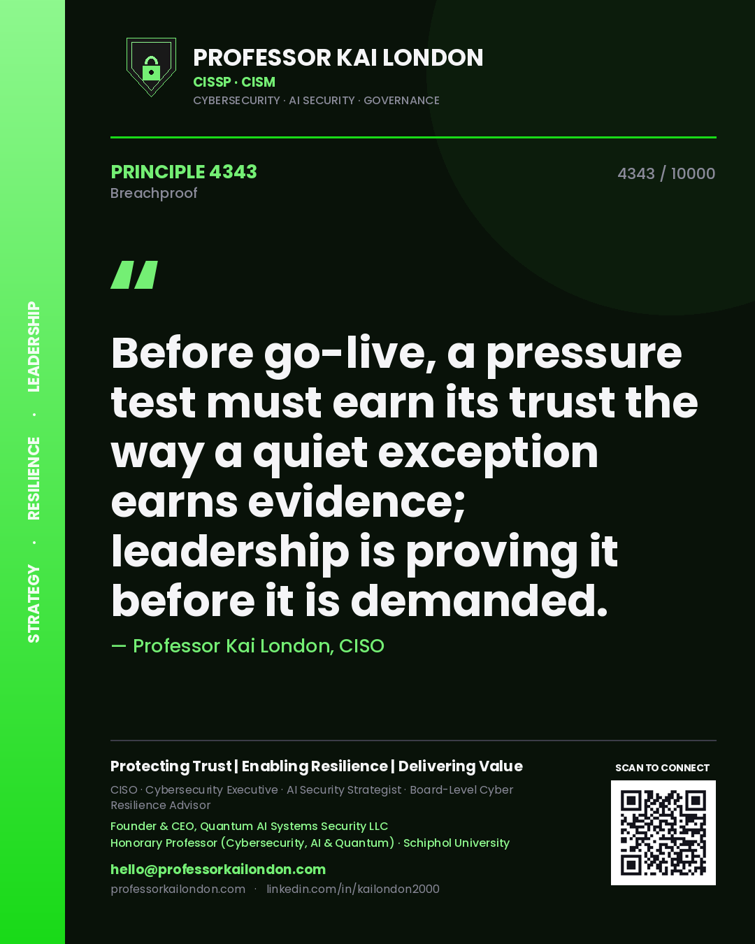 Professor Kai London principle 4343: Before go-live, a pressure test must earn its trust the way a quiet exception earns evidence; leadership is proving it before it is demanded.