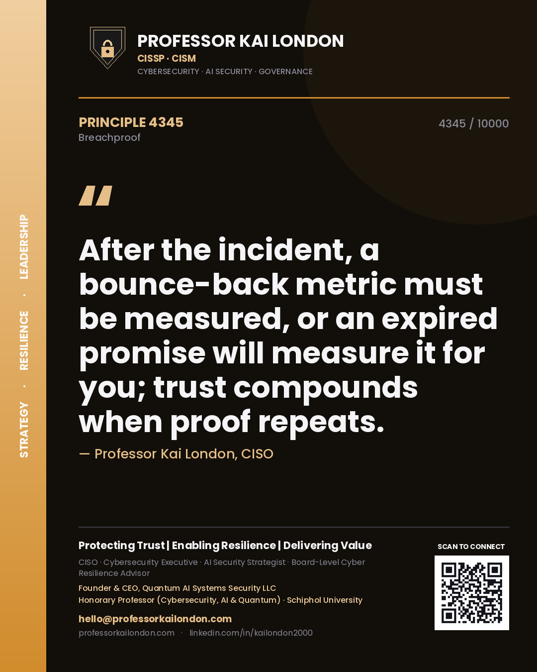 Professor Kai London principle 4345: After the incident, a bounce-back metric must be measured, or an expired promise will measure it for you; trust compounds when proof repeats.