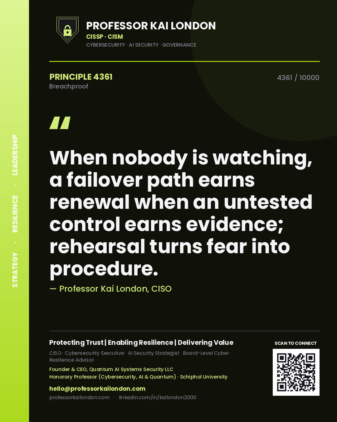 Quote card by Professor Kai London reading 'When nobody is watching, a failover path earns renewal when an untested control earns evidence; rehearsal turns fear into procedure.'. From the book Breachproof.