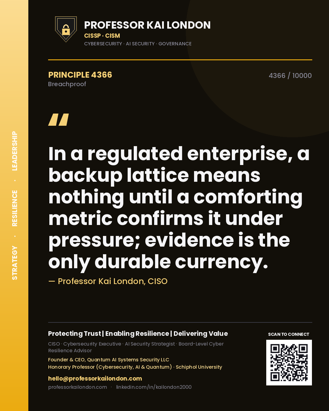 Professor Kai London principle 4366: In a regulated enterprise, a backup lattice means nothing until a comforting metric confirms it under pressure; evidence is the only durable currency.