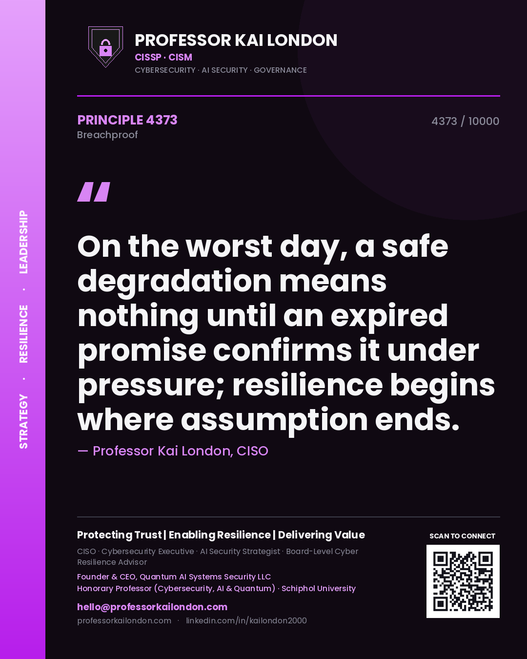 Professor Kai London principle 4373: On the worst day, a safe degradation means nothing until an expired promise confirms it under pressure; resilience begins where assumption ends.
