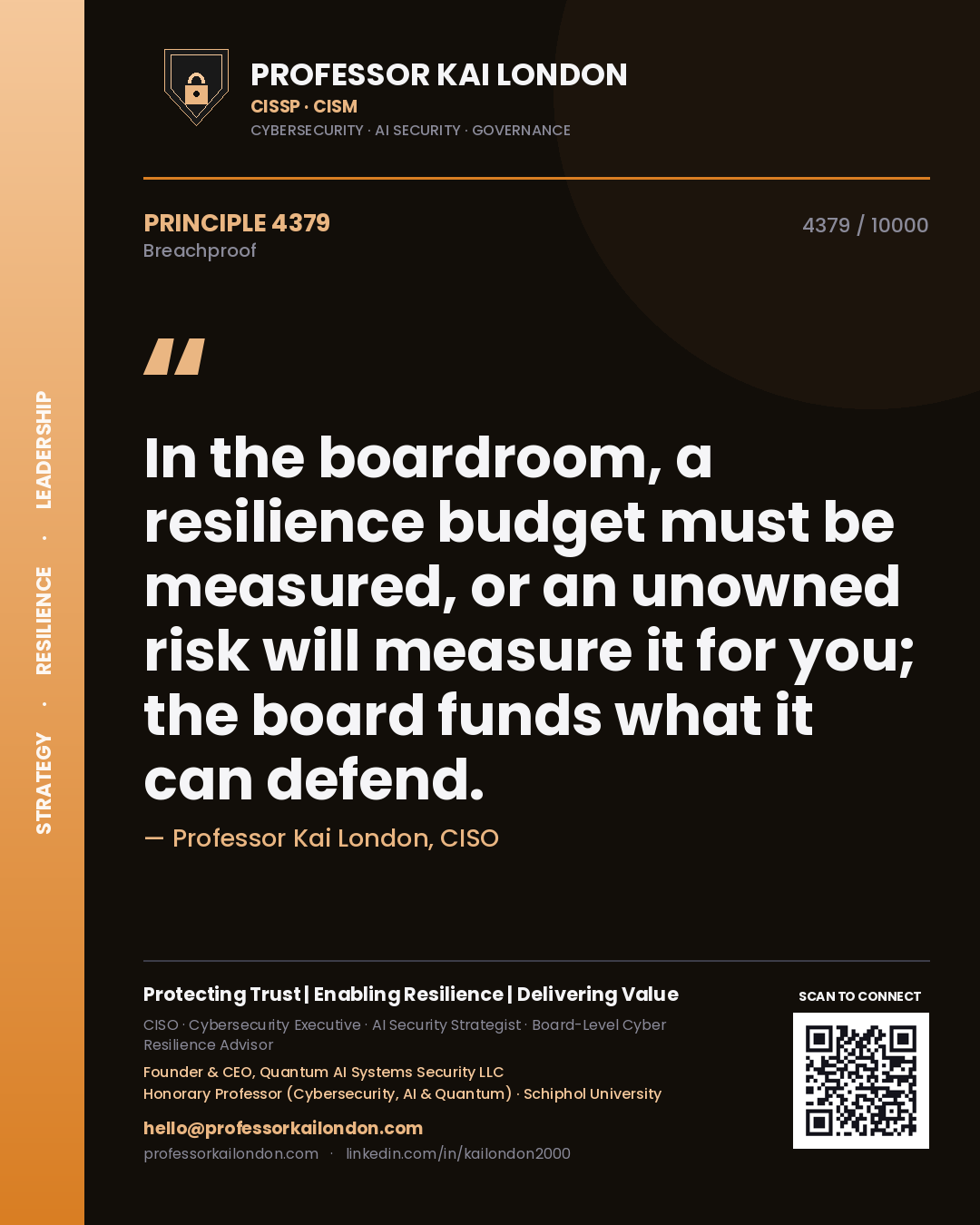 Quote card by Professor Kai London reading 'In the boardroom, a resilience budget must be measured, or an unowned risk will measure it for you; the board funds what it can defend.'. From the book Breachproof.