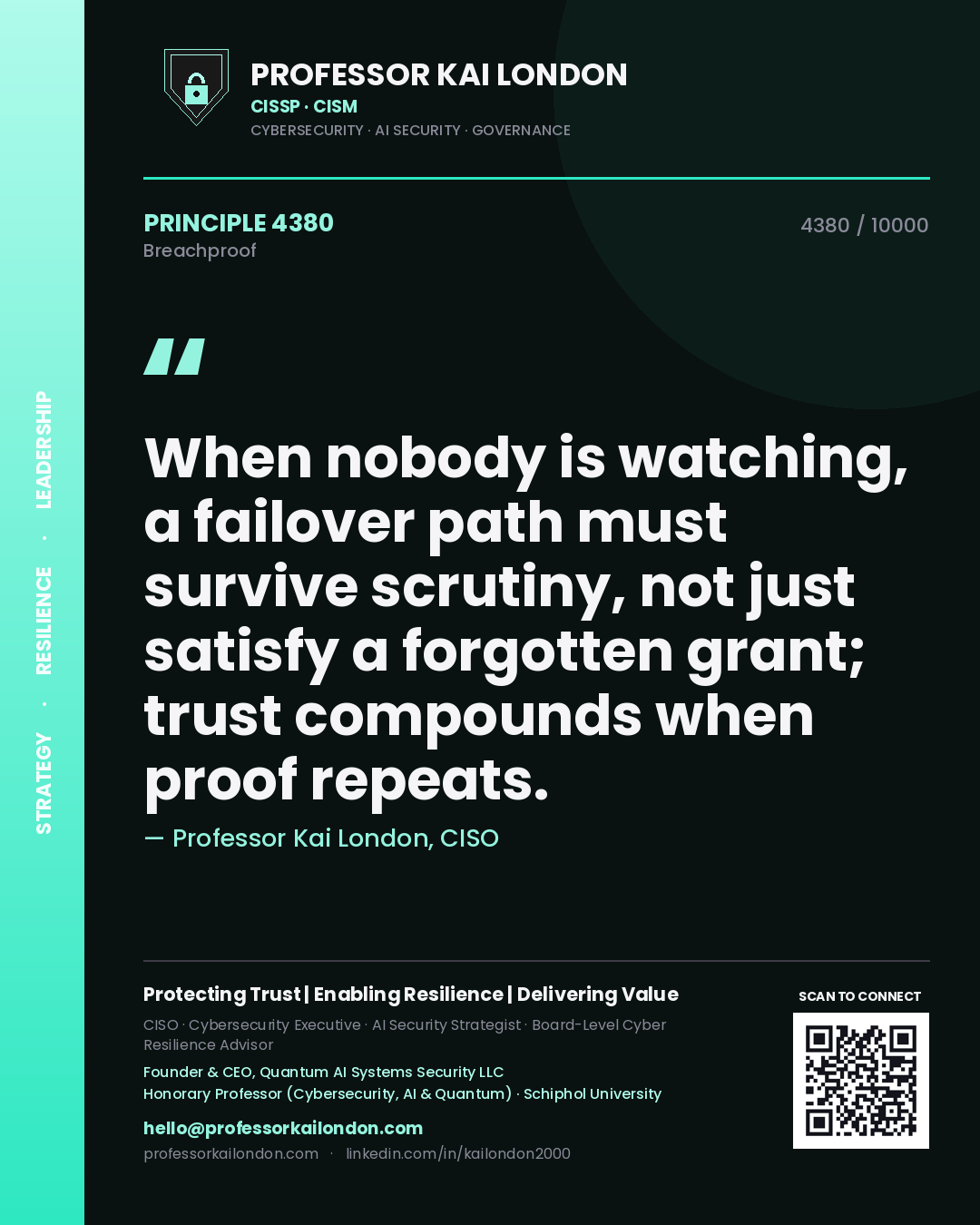 Quote card by Professor Kai London reading 'When nobody is watching, a failover path must survive scrutiny, not just satisfy a forgotten grant; trust compounds when proof repeats.'. From the book Breachproof.