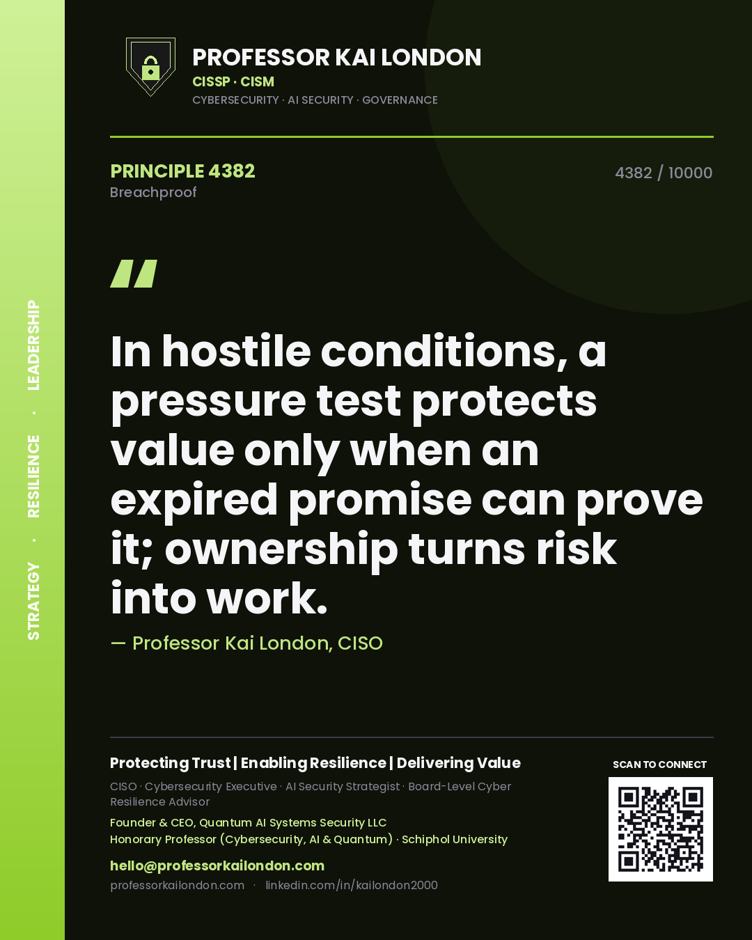 Professor Kai London principle 4382: In hostile conditions, a pressure test protects value only when an expired promise can prove it; ownership turns risk into work.