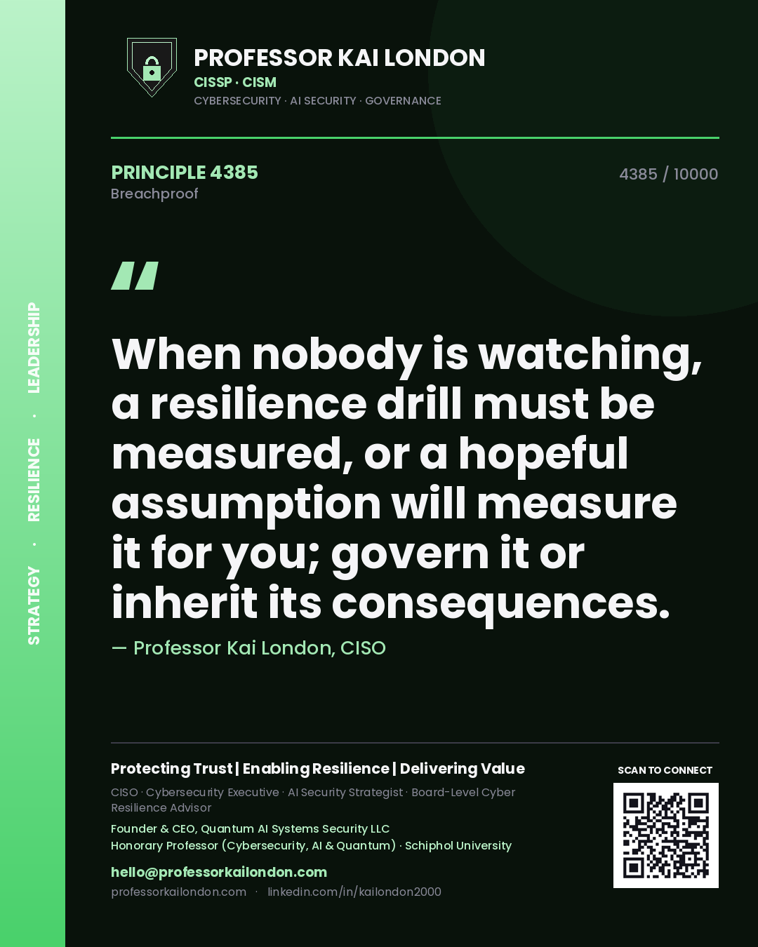 Quote card by Professor Kai London reading 'When nobody is watching, a resilience drill must be measured, or a hopeful assumption will measure it for you; govern it or inherit its consequences.'. From the book Breachproof.