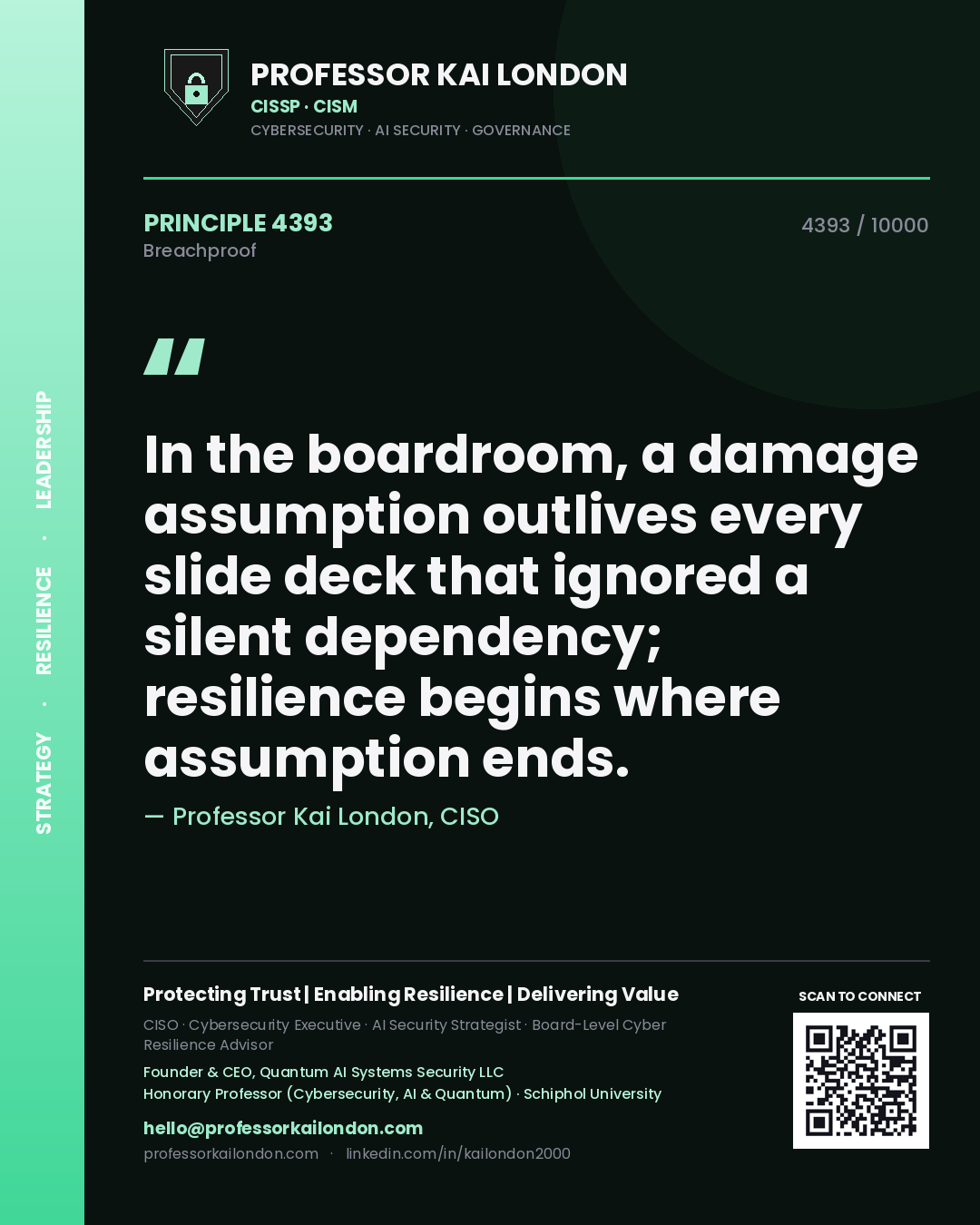 Quote card by Professor Kai London reading 'In the boardroom, a damage assumption outlives every slide deck that ignored a silent dependency; resilience begins where assumption ends.'. From the book Breachproof.