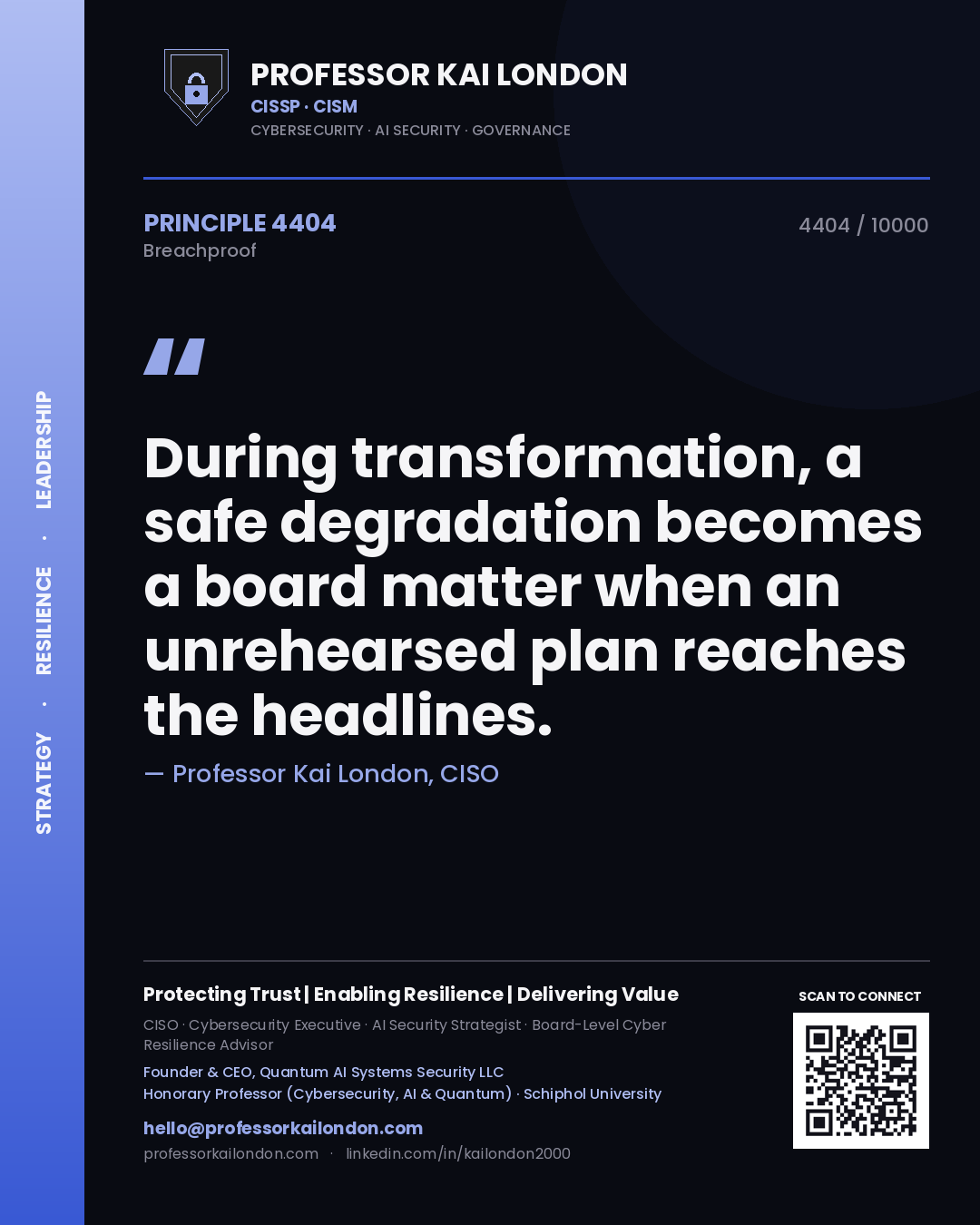 Professor Kai London principle 4404: During transformation, a safe degradation becomes a board matter when an unrehearsed plan reaches the headlines.