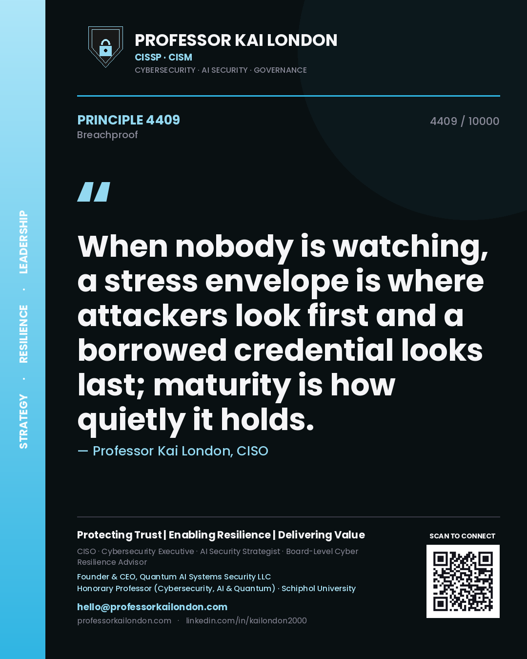 Professor Kai London principle 4409: When nobody is watching, a stress envelope is where attackers look first and a borrowed credential looks last; maturity is how quietly it holds.