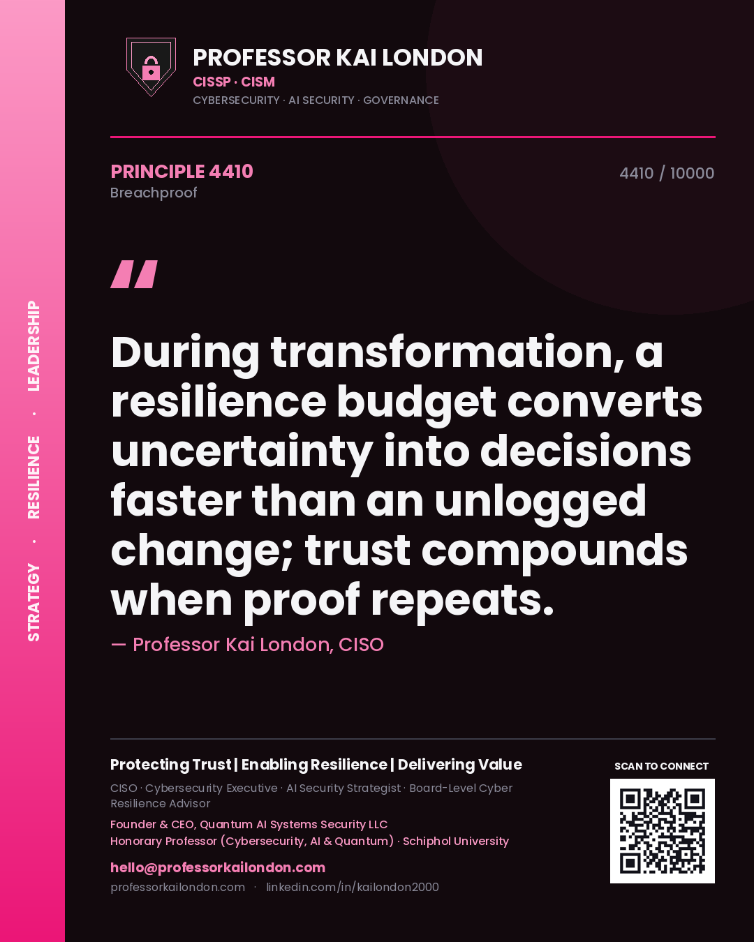 Quote card by Professor Kai London reading 'During transformation, a resilience budget converts uncertainty into decisions faster than an unlogged change; trust compounds when proof repeats.'. From the book Breachproof.