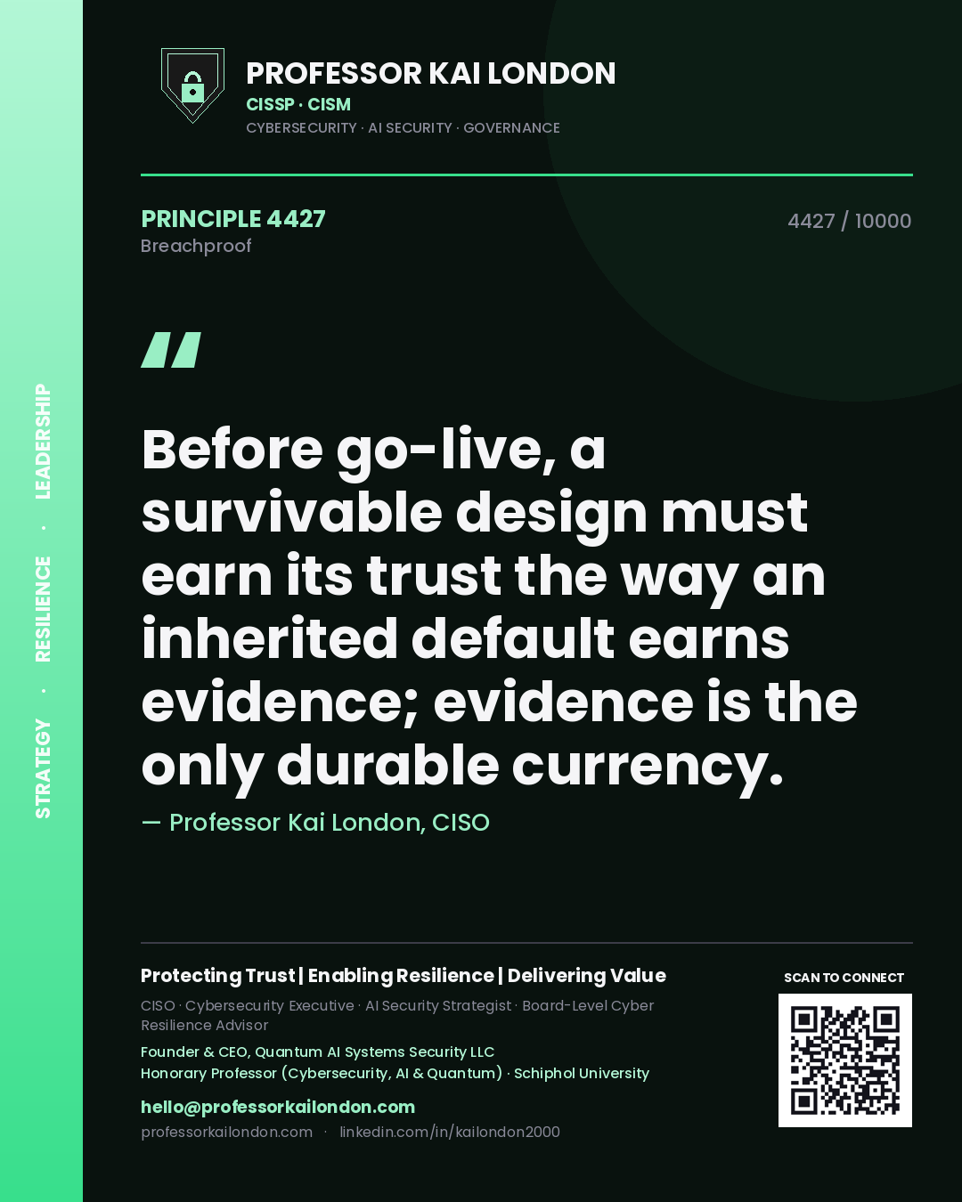 Quote card by Professor Kai London reading 'Before go-live, a survivable design must earn its trust the way an inherited default earns evidence; evidence is the only durable currency.'. From the book Breachproof.