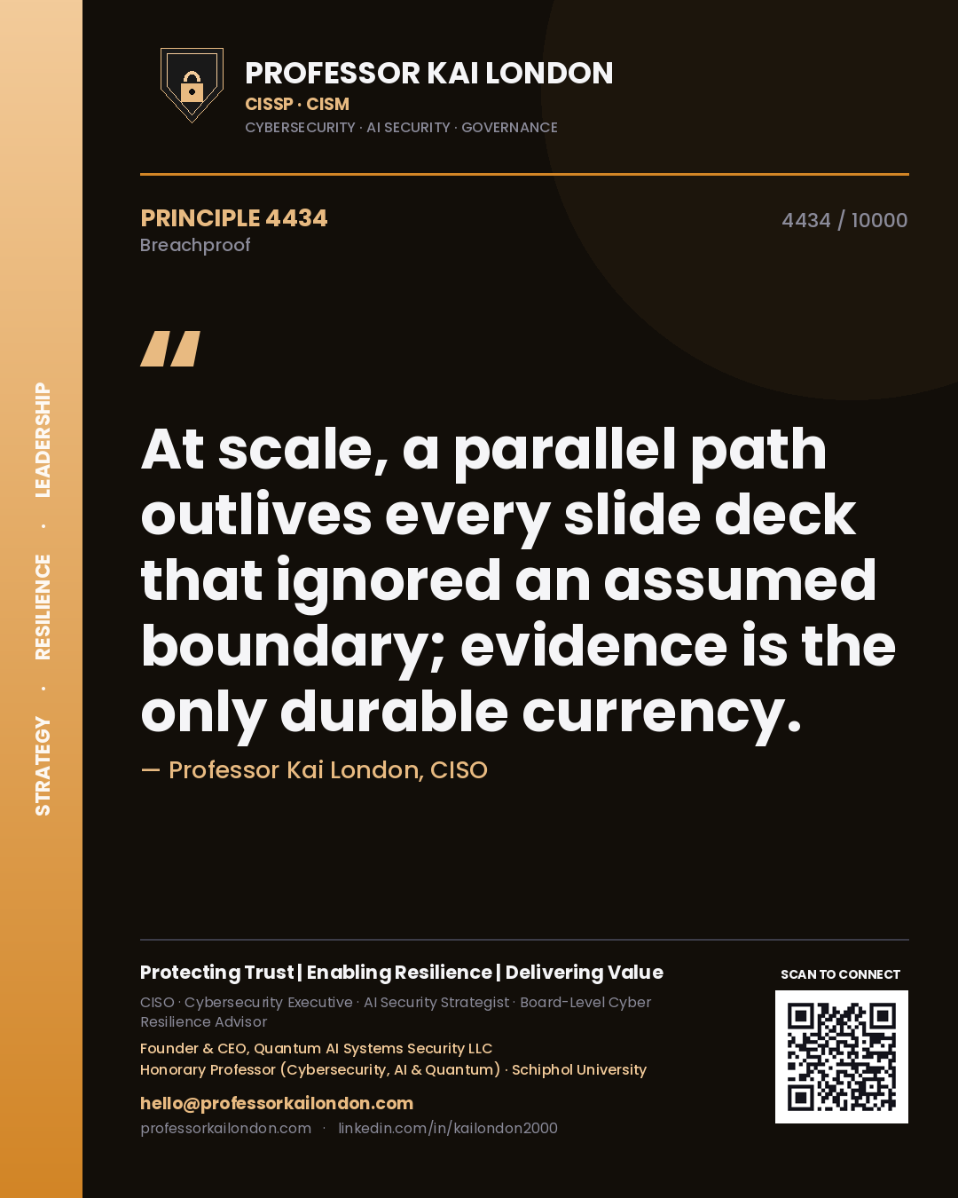 Quote card by Professor Kai London reading 'At scale, a parallel path outlives every slide deck that ignored an assumed boundary; evidence is the only durable currency.'. From the book Breachproof.