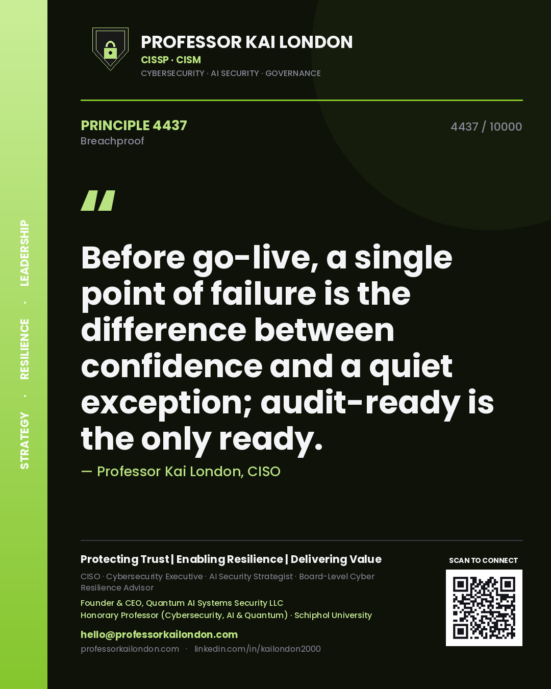 Quote card by Professor Kai London reading 'Before go-live, a single point of failure is the difference between confidence and a quiet exception; audit-ready is the only ready.'. From the book Breachproof.