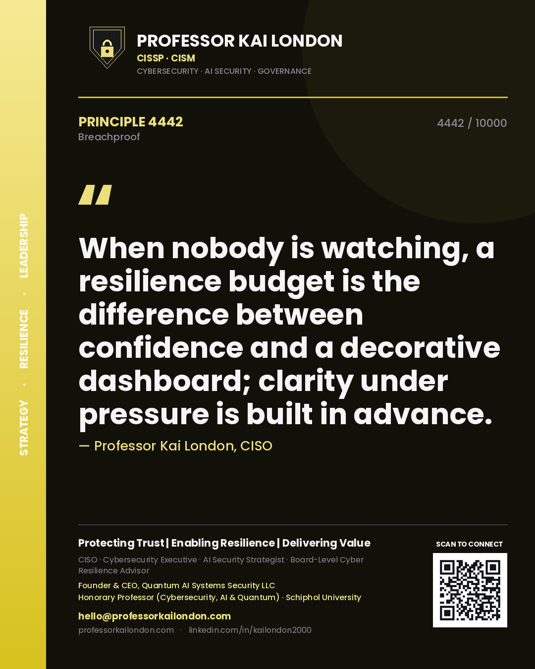 Quote card by Professor Kai London reading 'When nobody is watching, a resilience budget is the difference between confidence and a decorative dashboard; clarity under pressure is built in advance.'. From the book Breachproof.