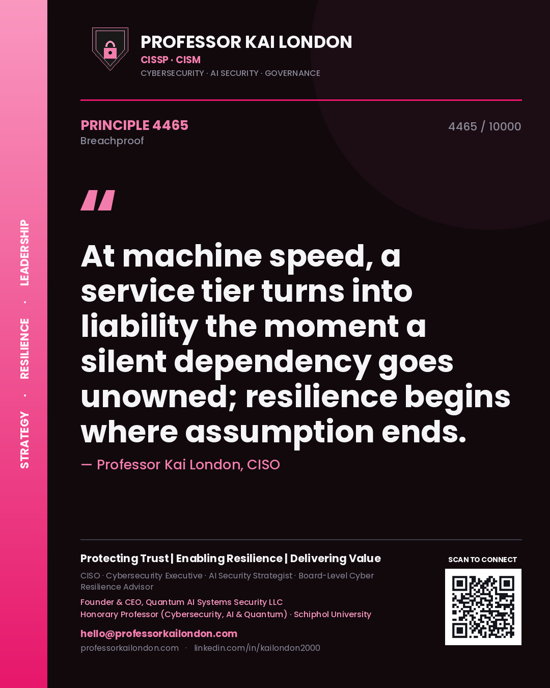 Professor Kai London principle 4465: At machine speed, a service tier turns into liability the moment a silent dependency goes unowned; resilience begins where assumption ends.