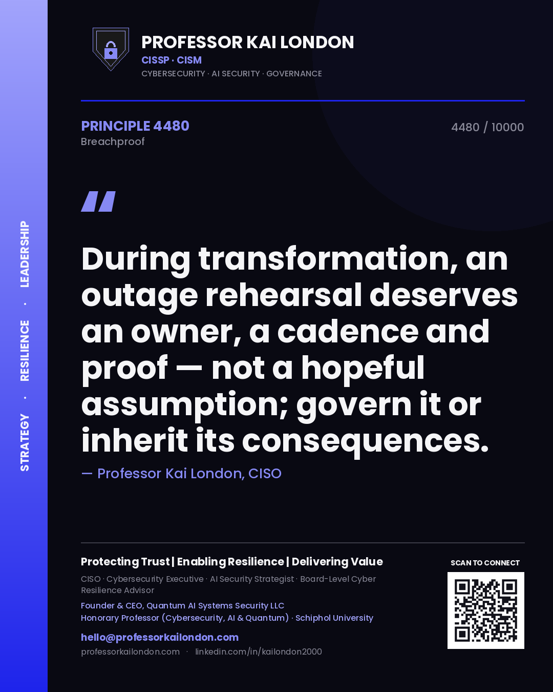 Professor Kai London principle 4480: During transformation, an outage rehearsal deserves an owner, a cadence and proof — not a hopeful assumption; govern it or inherit its consequences.