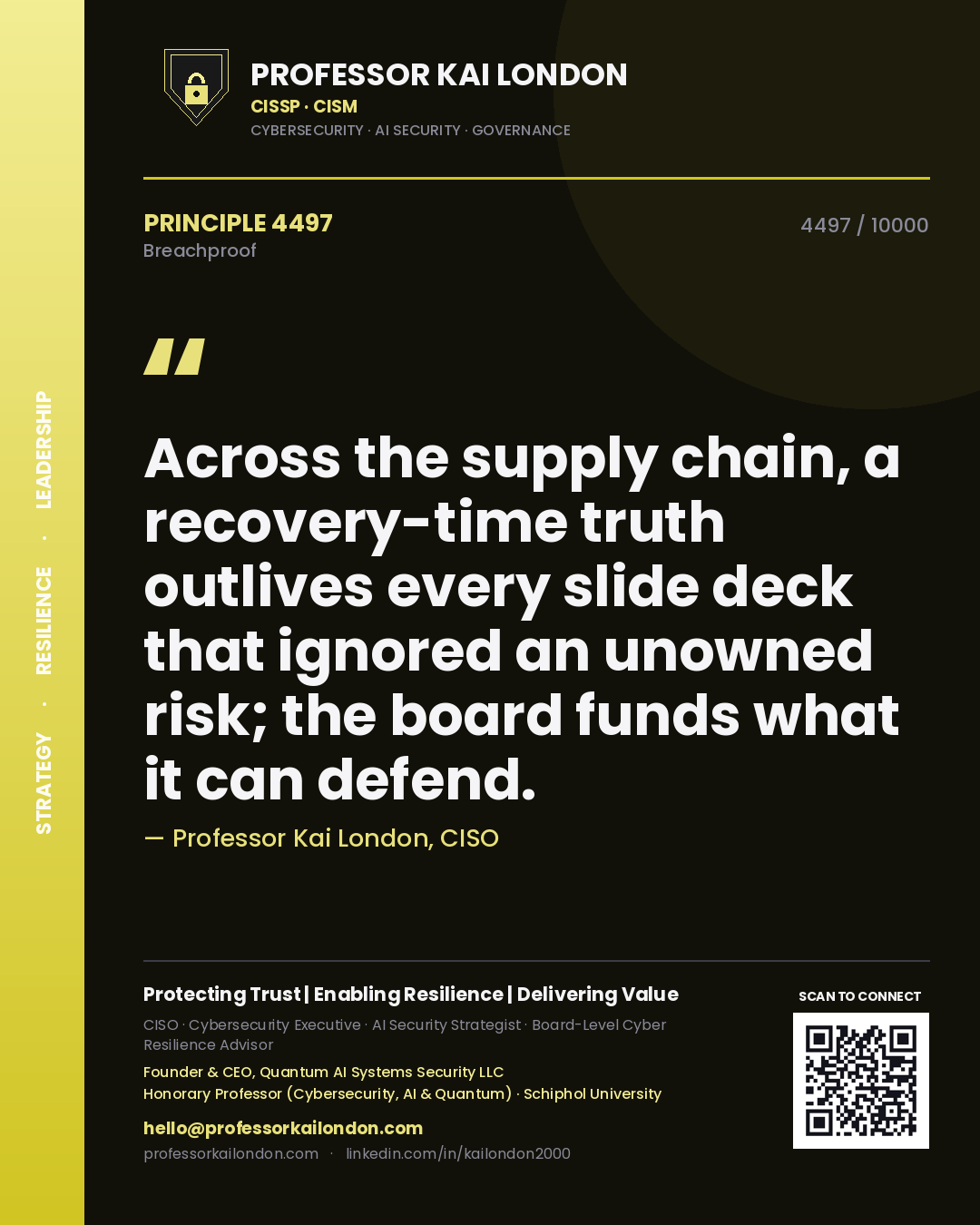 Quote card by Professor Kai London reading 'Across the supply chain, a recovery-time truth outlives every slide deck that ignored an unowned risk; the board funds what it can defend.'. From the book Breachproof.