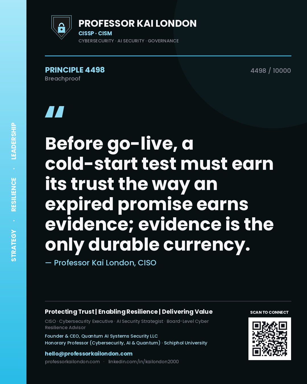Quote card by Professor Kai London reading 'Before go-live, a cold-start test must earn its trust the way an expired promise earns evidence; evidence is the only durable currency.'. From the book Breachproof.
