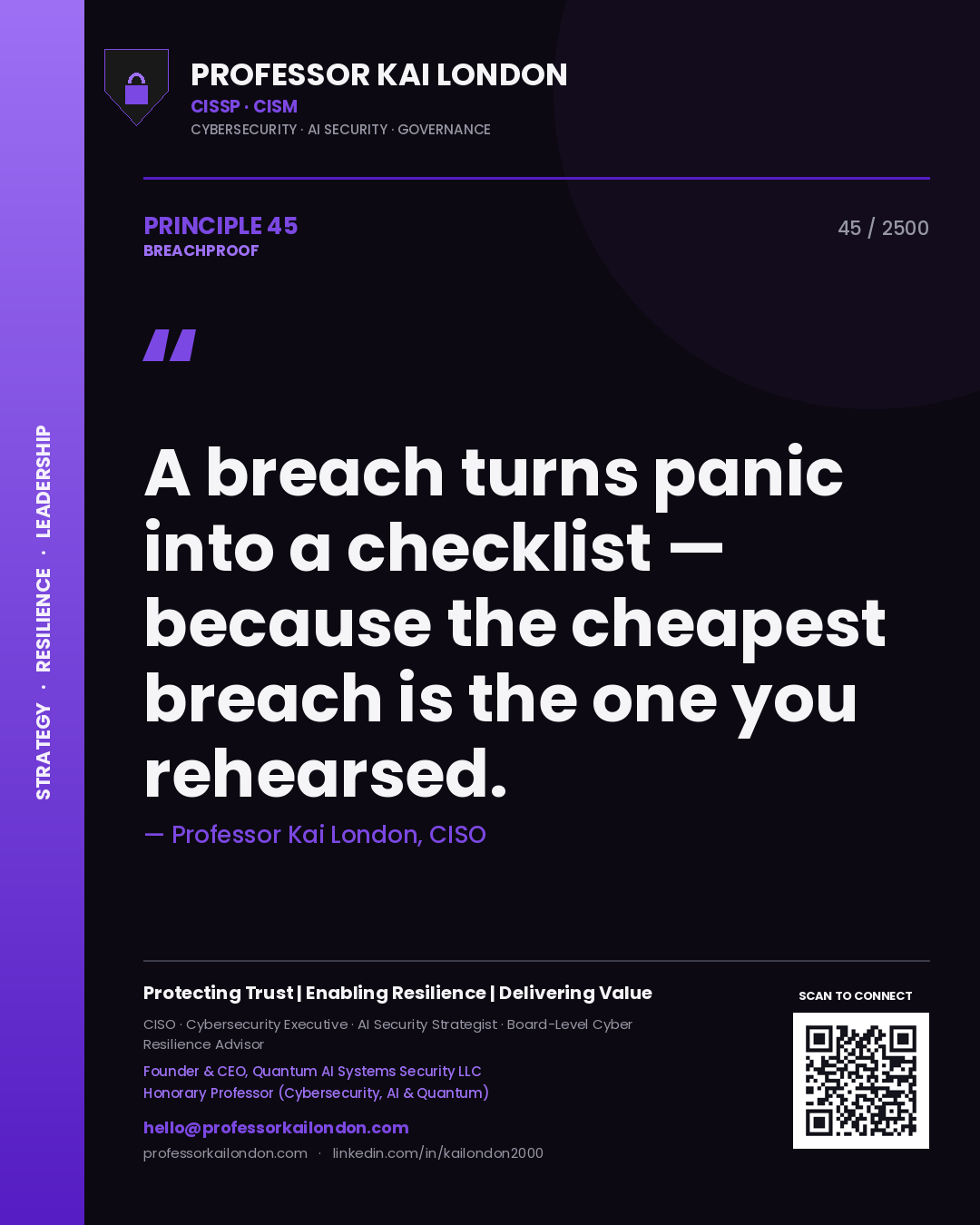 Professor Kai London principle 45: A breach turns panic into a checklist — because the cheapest breach is the one you rehearsed.