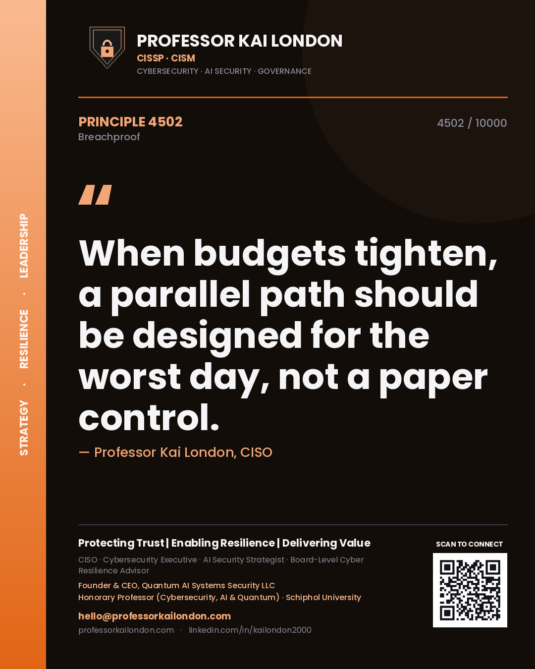 Quote card by Professor Kai London reading 'When budgets tighten, a parallel path should be designed for the worst day, not a paper control.'. From the book Breachproof.