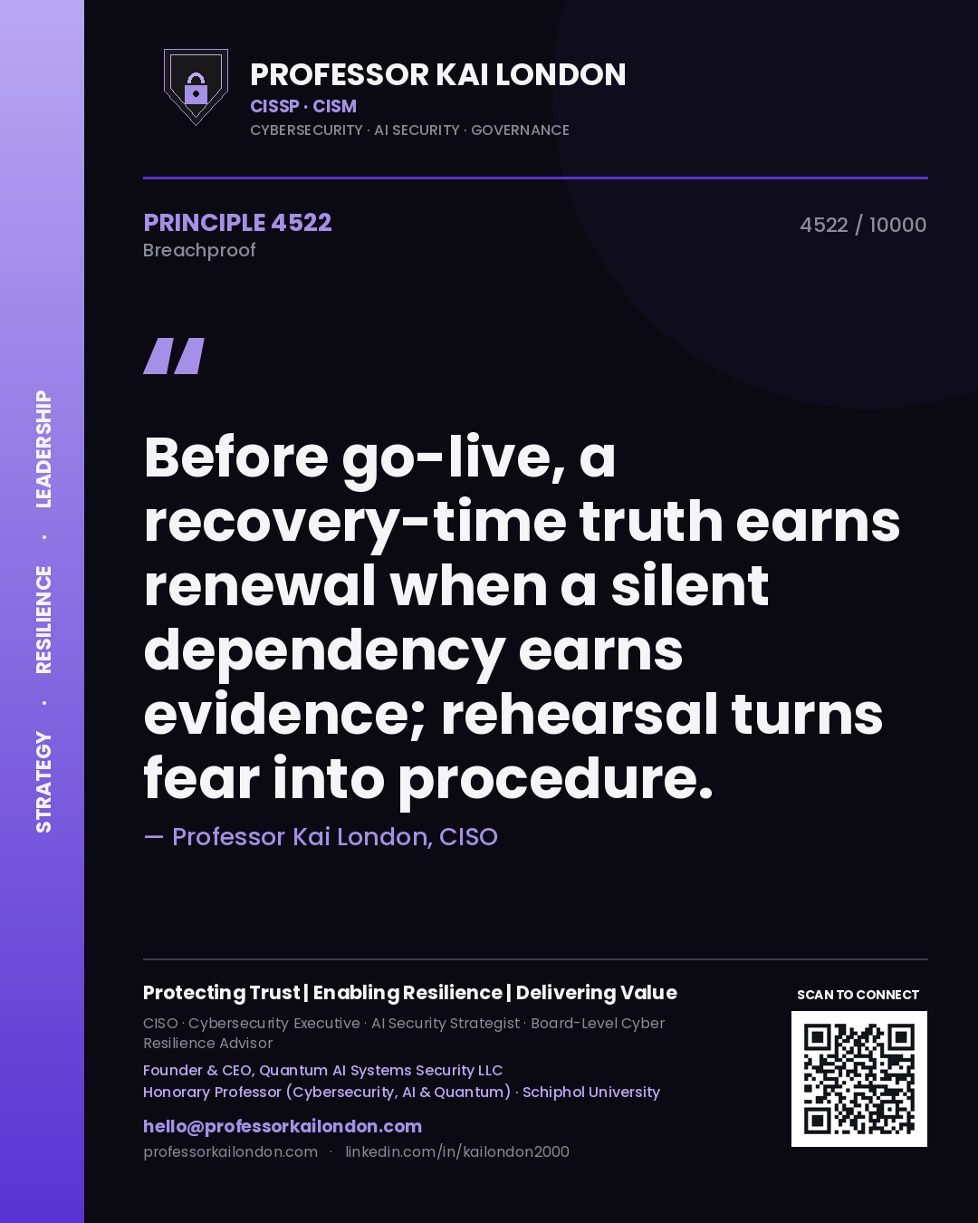 Professor Kai London principle 4522: Before go-live, a recovery-time truth earns renewal when a silent dependency earns evidence; rehearsal turns fear into procedure.