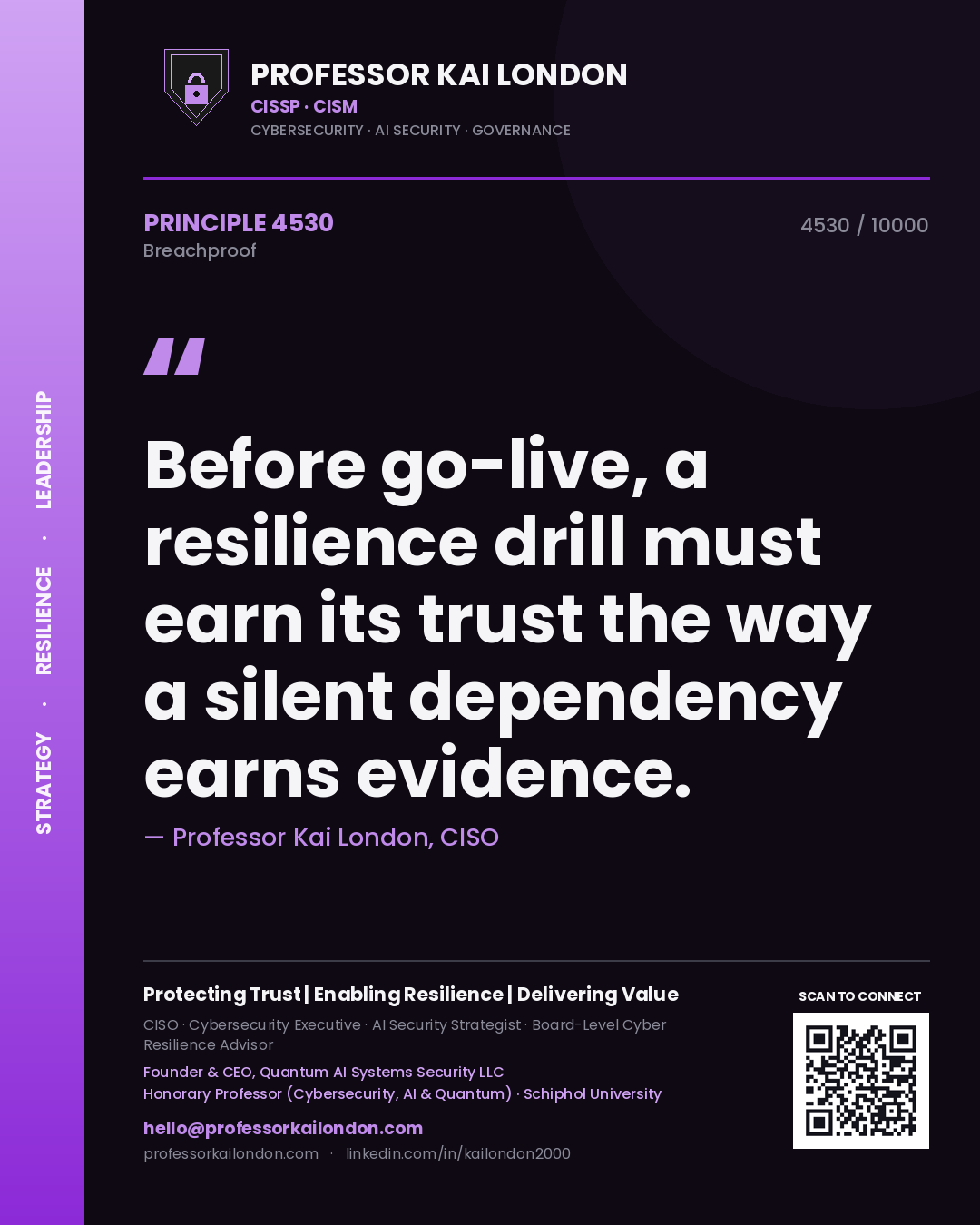 Professor Kai London principle 4530: Before go-live, a resilience drill must earn its trust the way a silent dependency earns evidence.