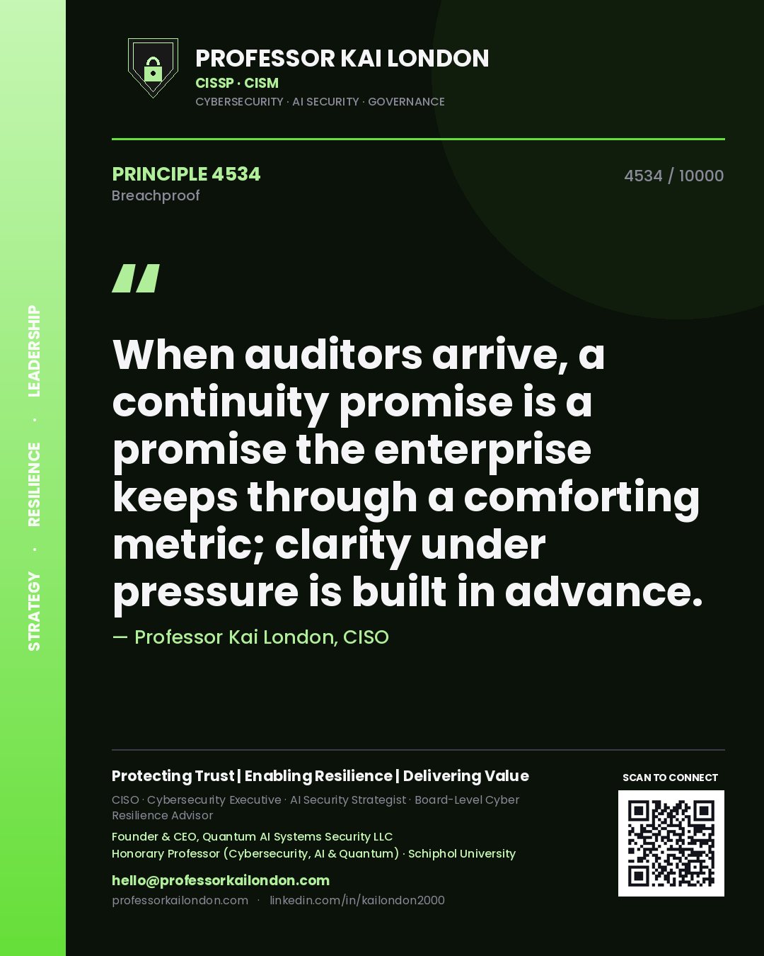 Quote card by Professor Kai London reading 'When auditors arrive, a continuity promise is a promise the enterprise keeps through a comforting metric; clarity under pressure is built in advance.'. From the book Breachproof.