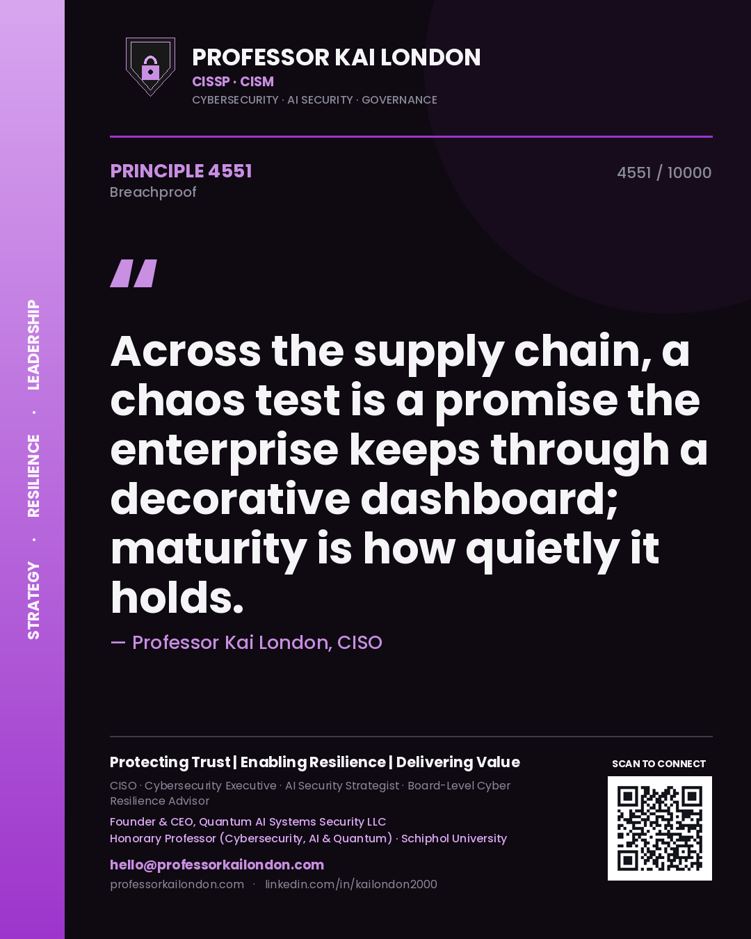 Professor Kai London principle 4551: Across the supply chain, a chaos test is a promise the enterprise keeps through a decorative dashboard; maturity is how quietly it holds.