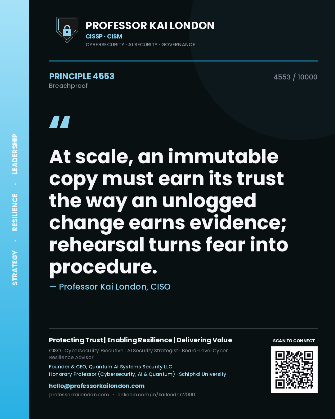 Professor Kai London principle 4553: At scale, an immutable copy must earn its trust the way an unlogged change earns evidence; rehearsal turns fear into procedure.