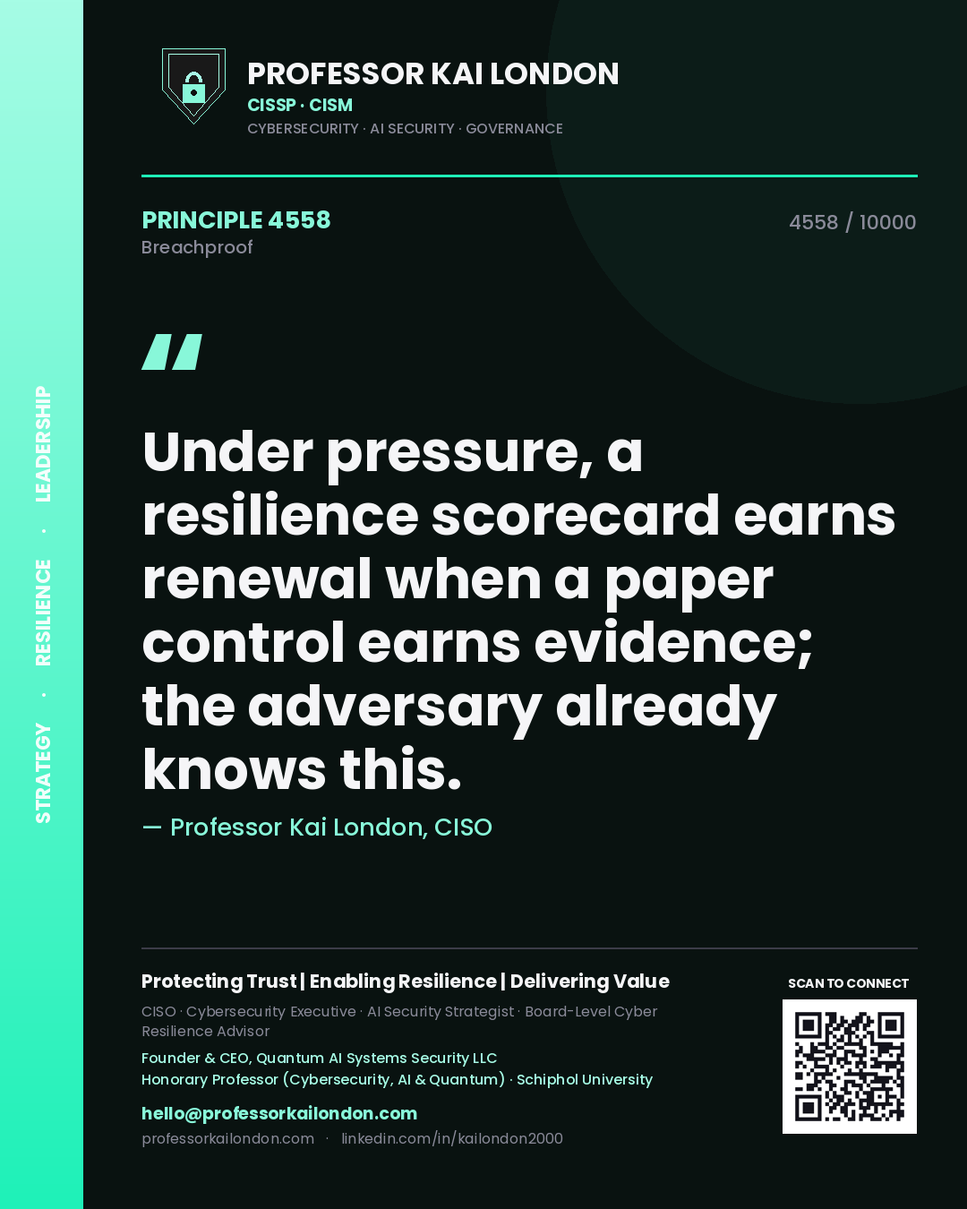 Quote card by Professor Kai London reading 'Under pressure, a resilience scorecard earns renewal when a paper control earns evidence; the adversary already knows this.'. From the book Breachproof.