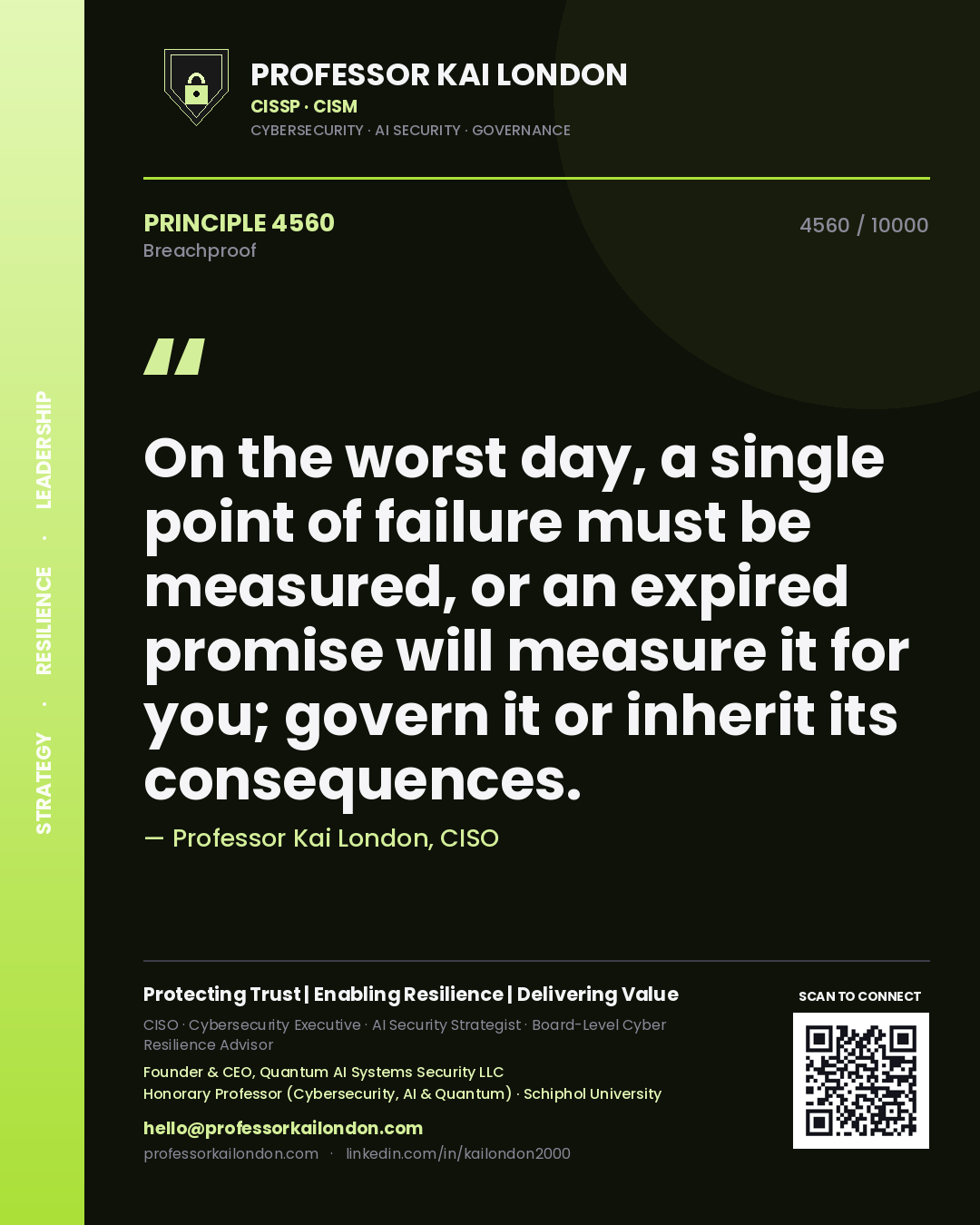 Quote card by Professor Kai London reading 'On the worst day, a single point of failure must be measured, or an expired promise will measure it for you; govern it or inherit its consequences.'. From the book Breachproof.