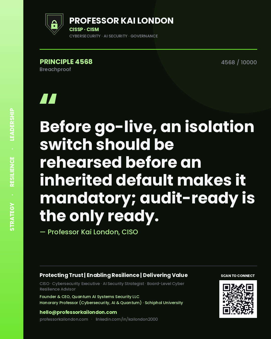 Quote card by Professor Kai London reading 'Before go-live, an isolation switch should be rehearsed before an inherited default makes it mandatory; audit-ready is the only ready.'. From the book Breachproof.