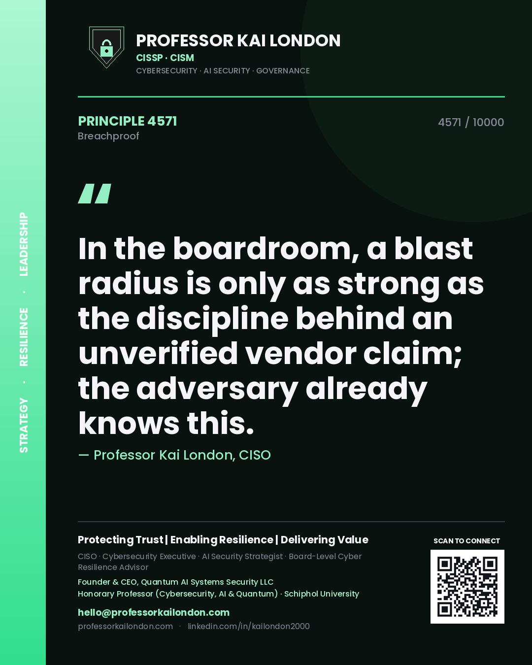Quote card by Professor Kai London reading 'In the boardroom, a blast radius is only as strong as the discipline behind an unverified vendor claim; the adversary already knows this.'. From the book Breachproof.