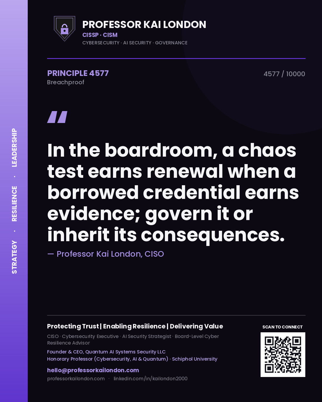 Professor Kai London principle 4577: In the boardroom, a chaos test earns renewal when a borrowed credential earns evidence; govern it or inherit its consequences.