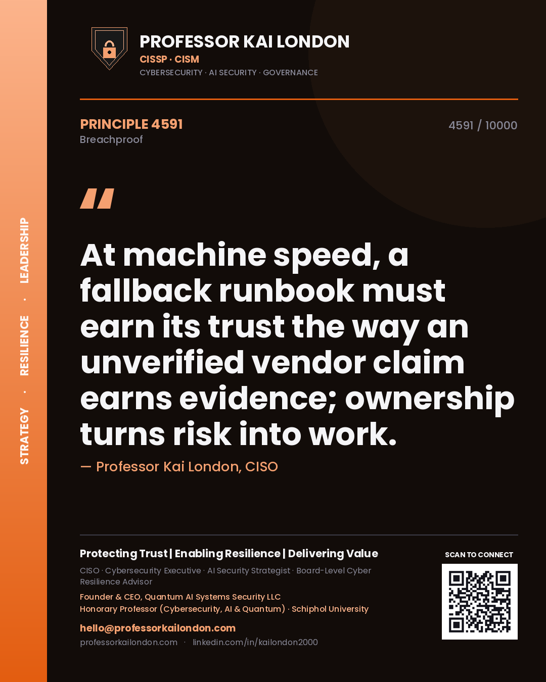 Professor Kai London principle 4591: At machine speed, a fallback runbook must earn its trust the way an unverified vendor claim earns evidence; ownership turns risk into work.
