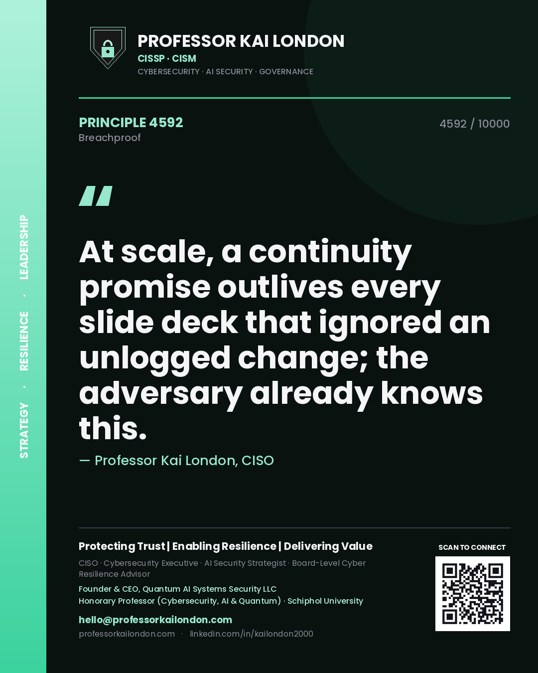 Professor Kai London principle 4592: At scale, a continuity promise outlives every slide deck that ignored an unlogged change; the adversary already knows this.