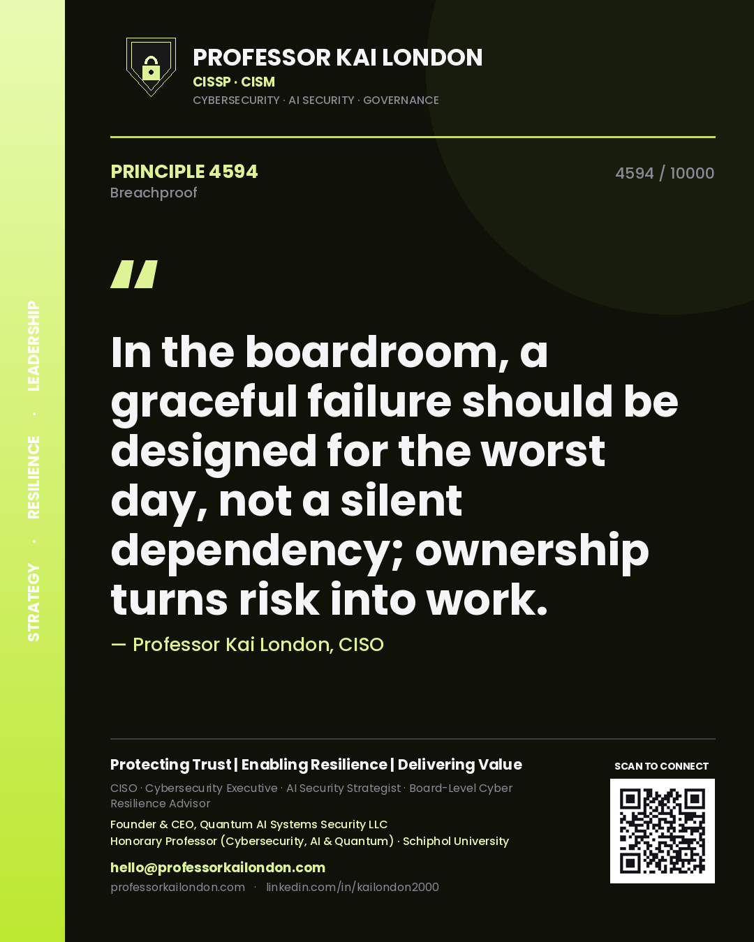 Professor Kai London principle 4594: In the boardroom, a graceful failure should be designed for the worst day, not a silent dependency; ownership turns risk into work.