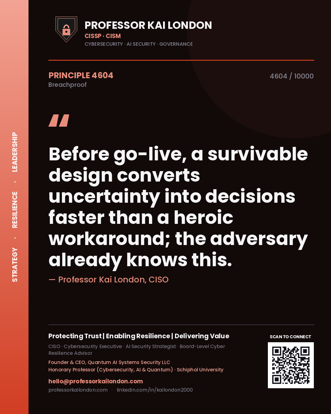 Quote card by Professor Kai London reading 'Before go-live, a survivable design converts uncertainty into decisions faster than a heroic workaround; the adversary already knows this.'. From the book Breachproof.