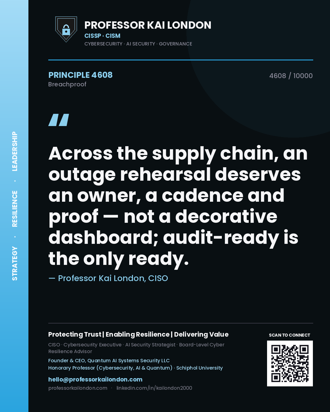 Quote card by Professor Kai London reading 'Across the supply chain, an outage rehearsal deserves an owner, a cadence and proof — not a decorative dashboard; audit-ready is the only ready.'. From the book Breachproof.