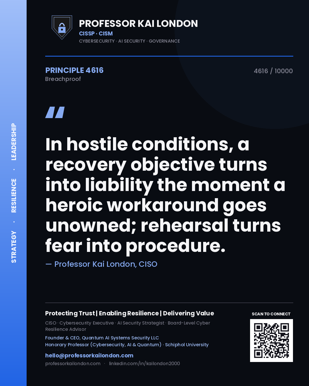 Quote card by Professor Kai London reading 'In hostile conditions, a recovery objective turns into liability the moment a heroic workaround goes unowned; rehearsal turns fear into procedure.'. From the book Breachproof.