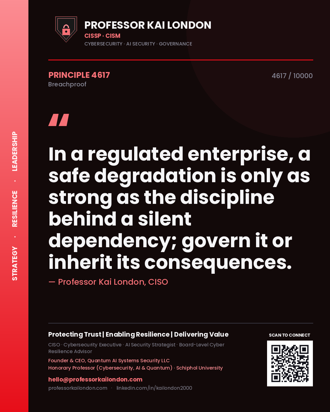 Quote card by Professor Kai London reading 'In a regulated enterprise, a safe degradation is only as strong as the discipline behind a silent dependency; govern it or inherit its consequences.'. From the book Breachproof.