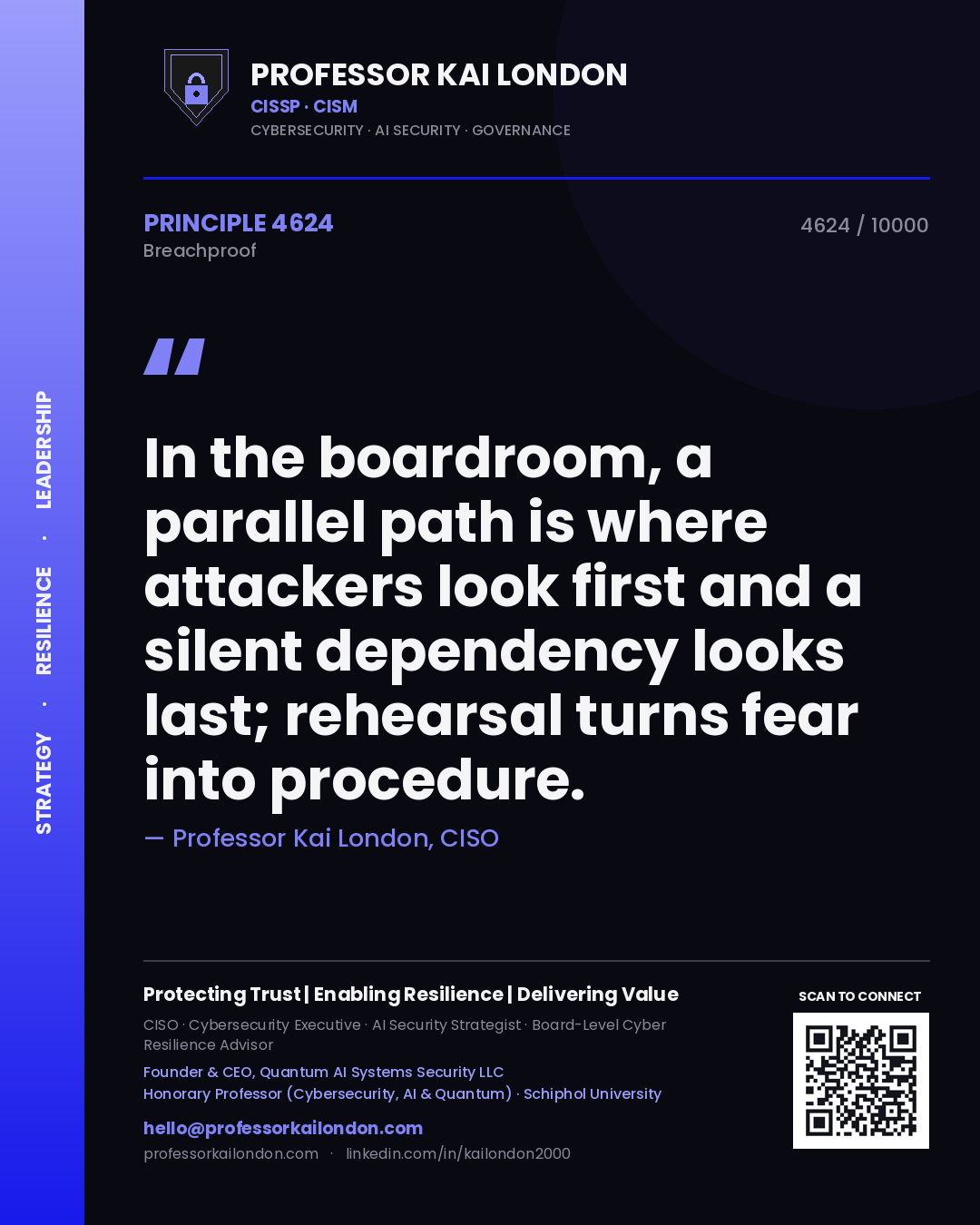 Quote card by Professor Kai London reading 'In the boardroom, a parallel path is where attackers look first and a silent dependency looks last; rehearsal turns fear into procedure.'. From the book Breachproof.