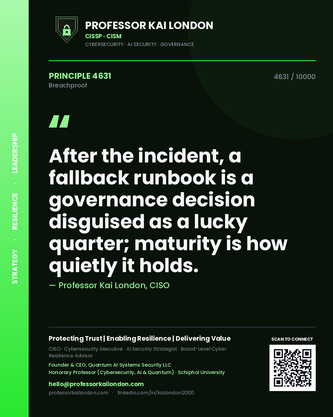 Quote card by Professor Kai London reading 'After the incident, a fallback runbook is a governance decision disguised as a lucky quarter; maturity is how quietly it holds.'. From the book Breachproof.