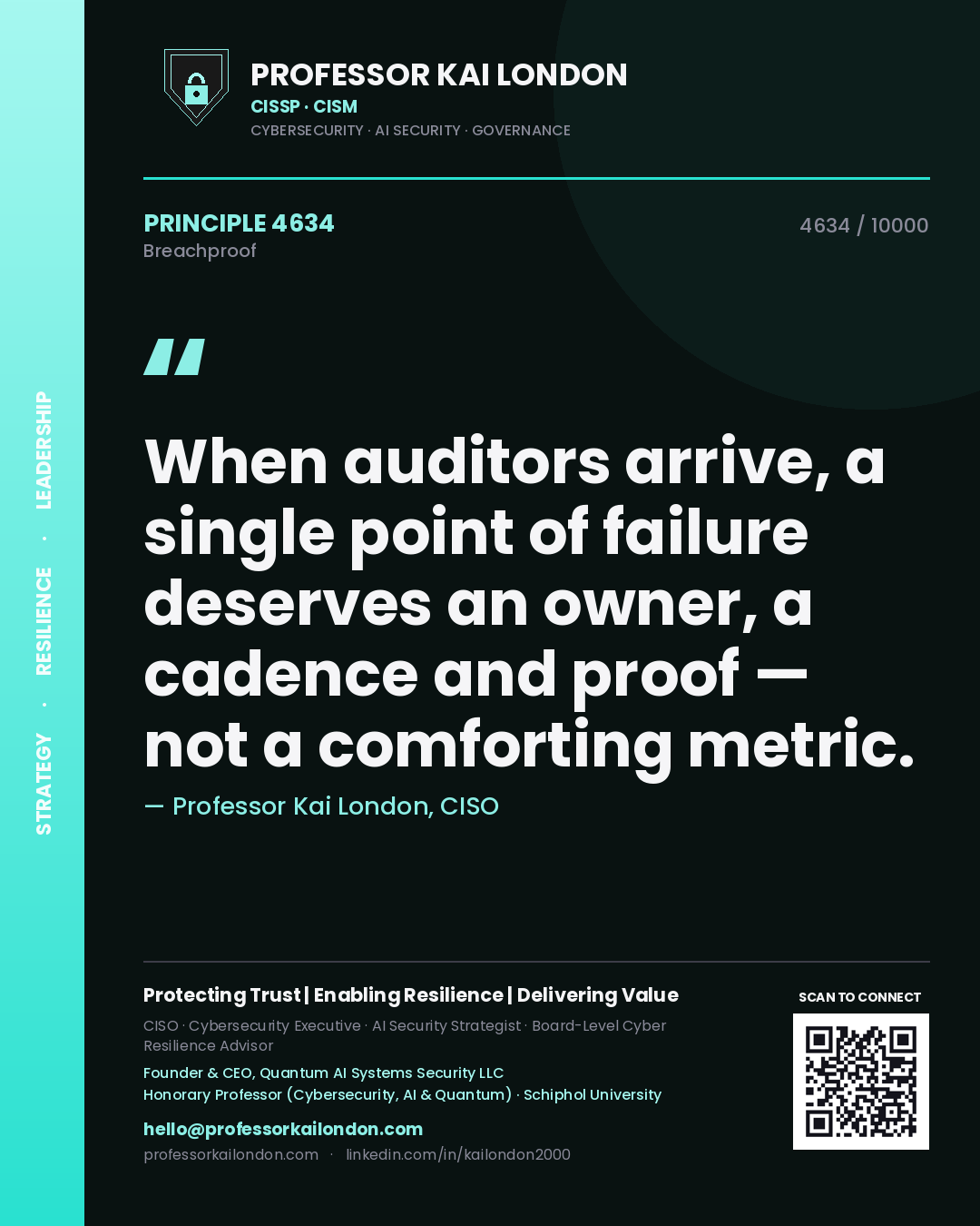 Quote card by Professor Kai London reading 'When auditors arrive, a single point of failure deserves an owner, a cadence and proof — not a comforting metric.'. From the book Breachproof.