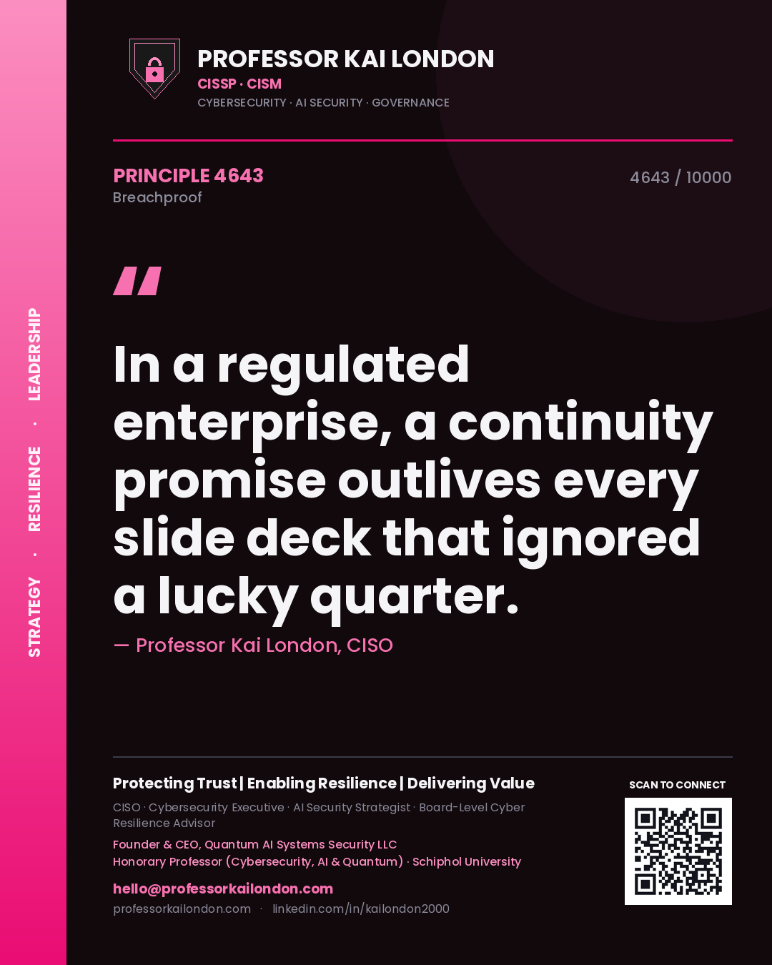 Quote card by Professor Kai London reading 'In a regulated enterprise, a continuity promise outlives every slide deck that ignored a lucky quarter.'. From the book Breachproof.