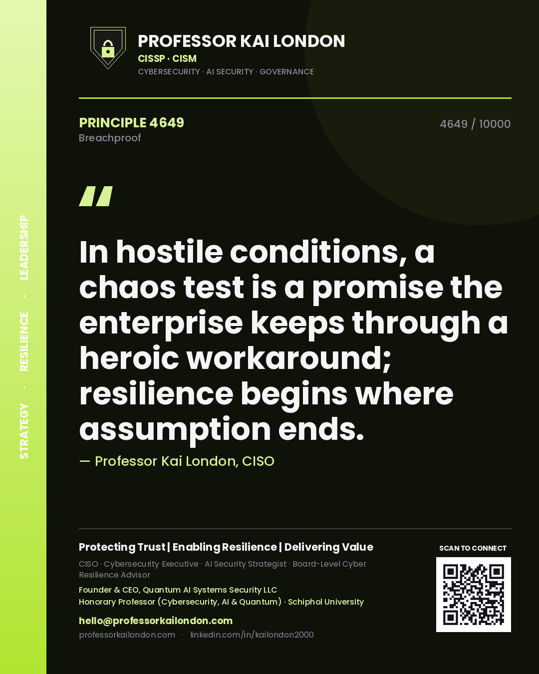 Quote card by Professor Kai London reading 'In hostile conditions, a chaos test is a promise the enterprise keeps through a heroic workaround; resilience begins where assumption ends.'. From the book Breachproof.