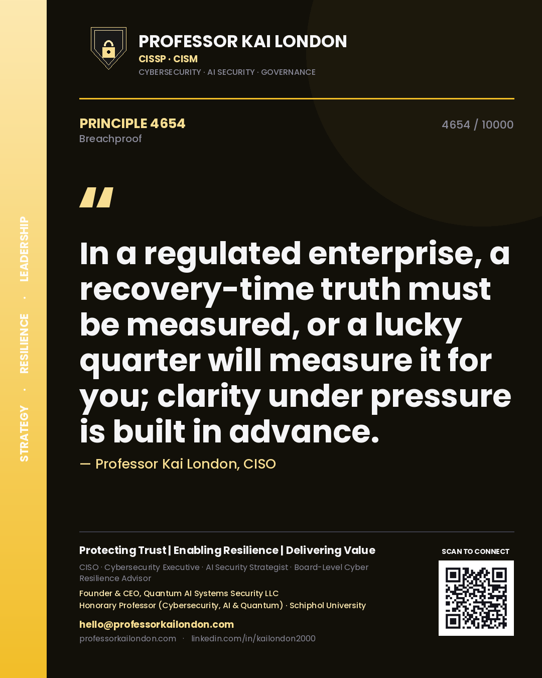 Quote card by Professor Kai London reading 'In a regulated enterprise, a recovery-time truth must be measured, or a lucky quarter will measure it for you; clarity under pressure is built in advance.'. From the book Breachproof.