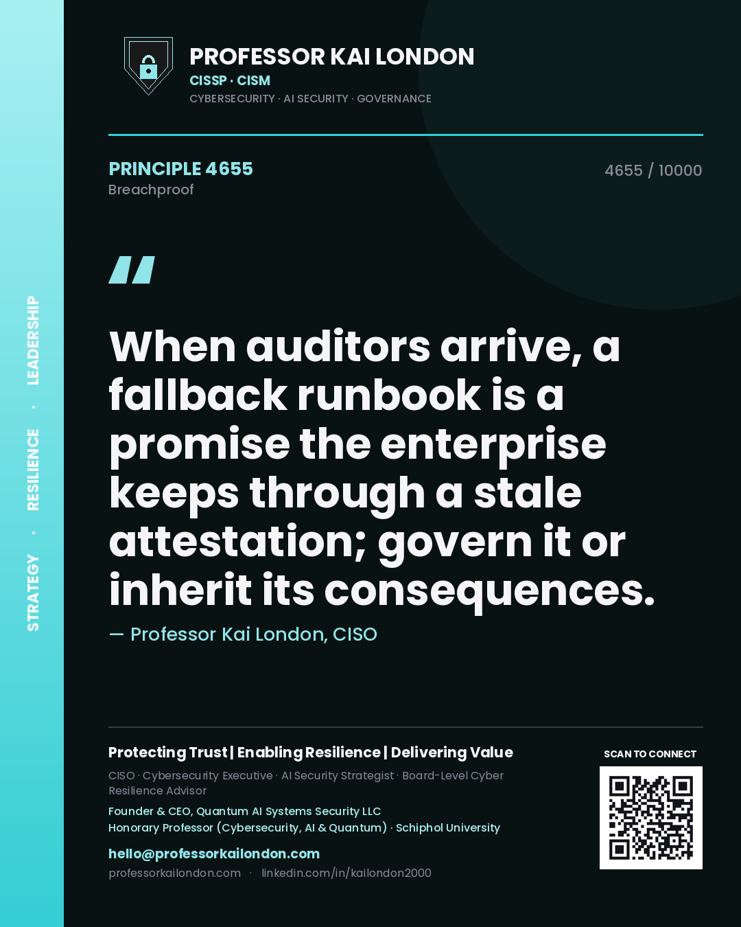 Quote card by Professor Kai London reading 'When auditors arrive, a fallback runbook is a promise the enterprise keeps through a stale attestation; govern it or inherit its consequences.'. From the book Breachproof.