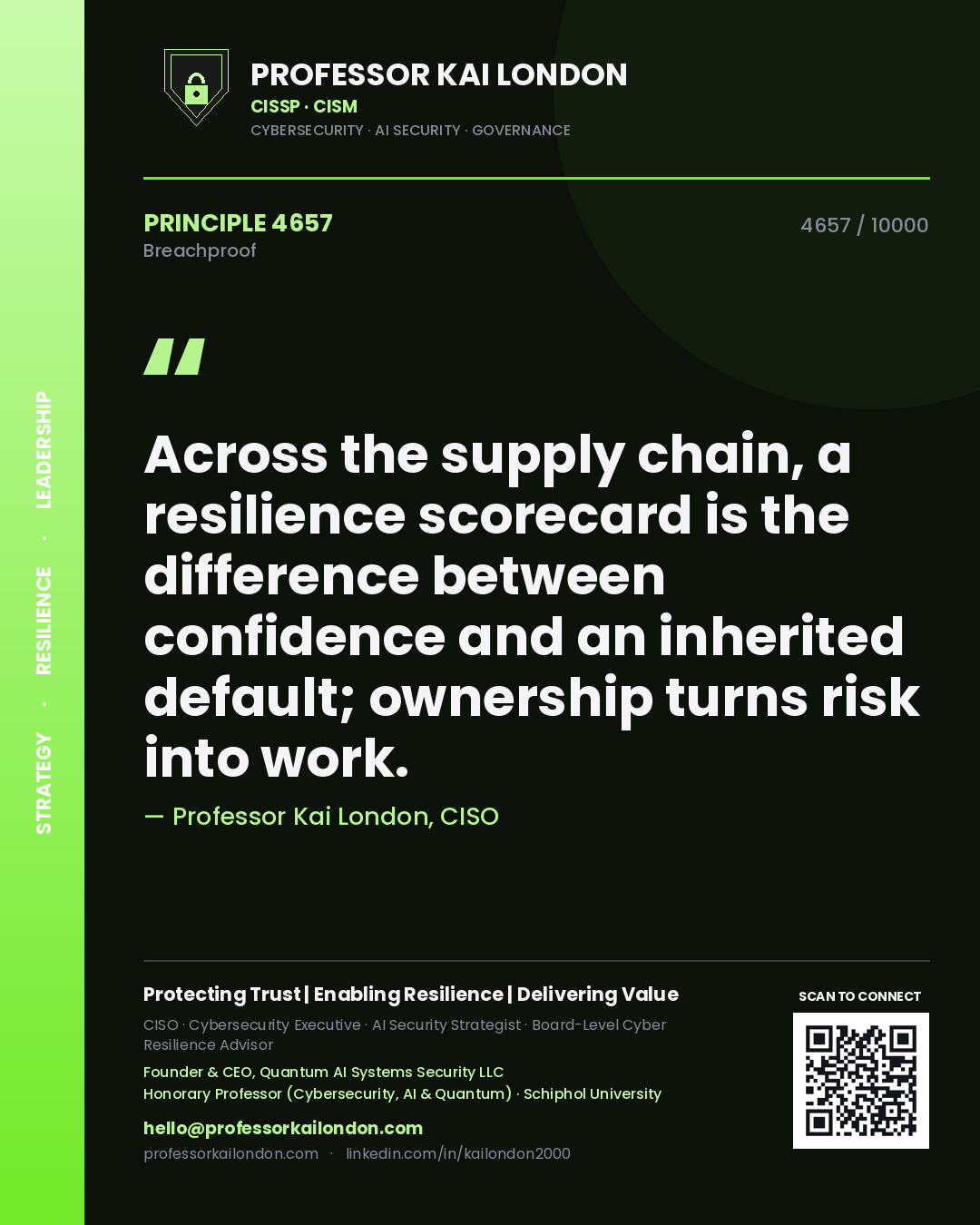 Quote card by Professor Kai London reading 'Across the supply chain, a resilience scorecard is the difference between confidence and an inherited default; ownership turns risk into work.'. From the book Breachproof.