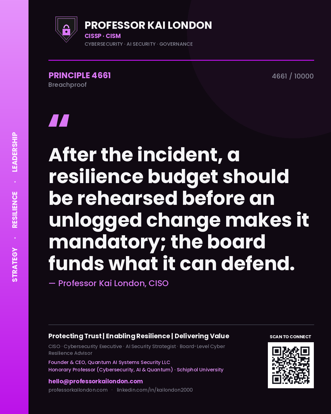 Quote card by Professor Kai London reading 'After the incident, a resilience budget should be rehearsed before an unlogged change makes it mandatory; the board funds what it can defend.'. From the book Breachproof.